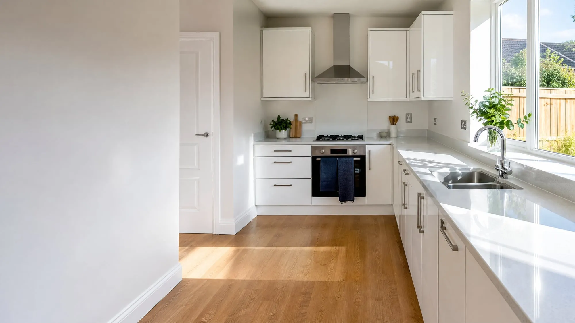 A spotless white kitchen with an oak floor and sunlight across the worktop