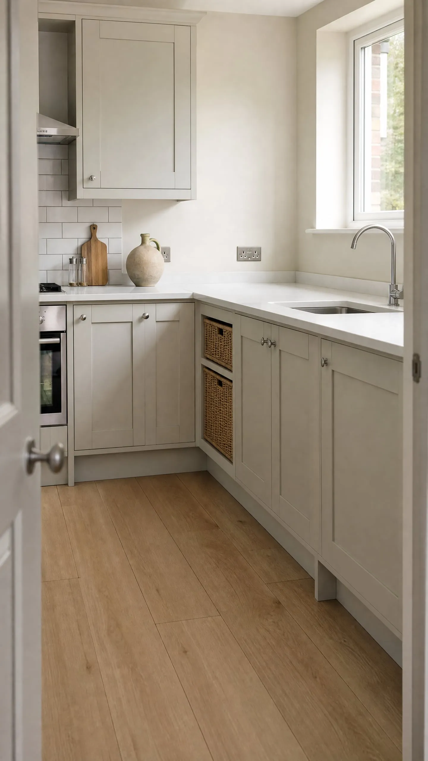 A clean, bright kitchen seen through an open door