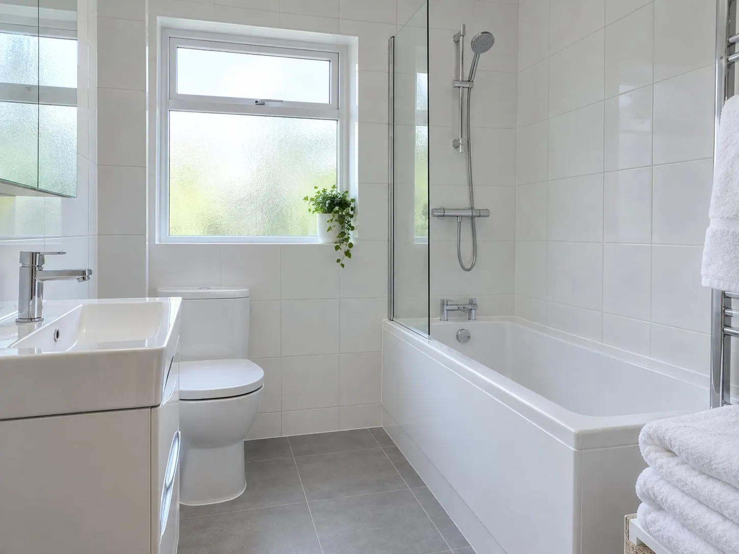 A spotless bathroom with clean tiles, chrome tap and folded white towels