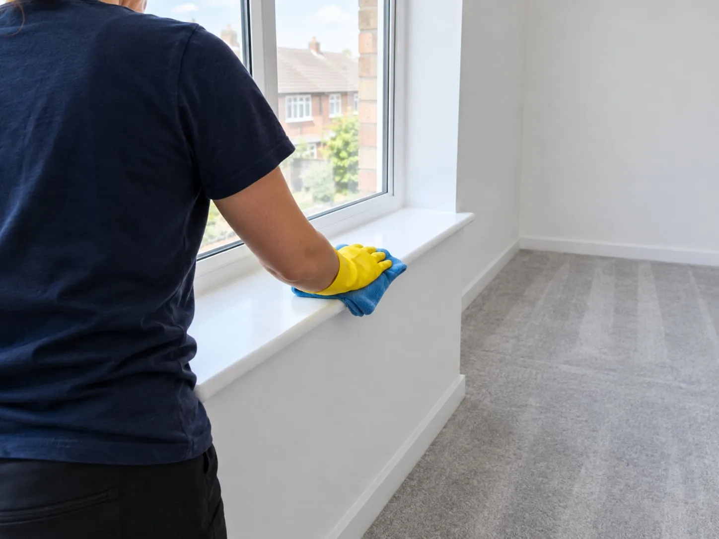 A cleaner in yellow gloves wiping a window sill in an empty flat with fresh vacuum lines on the carpet